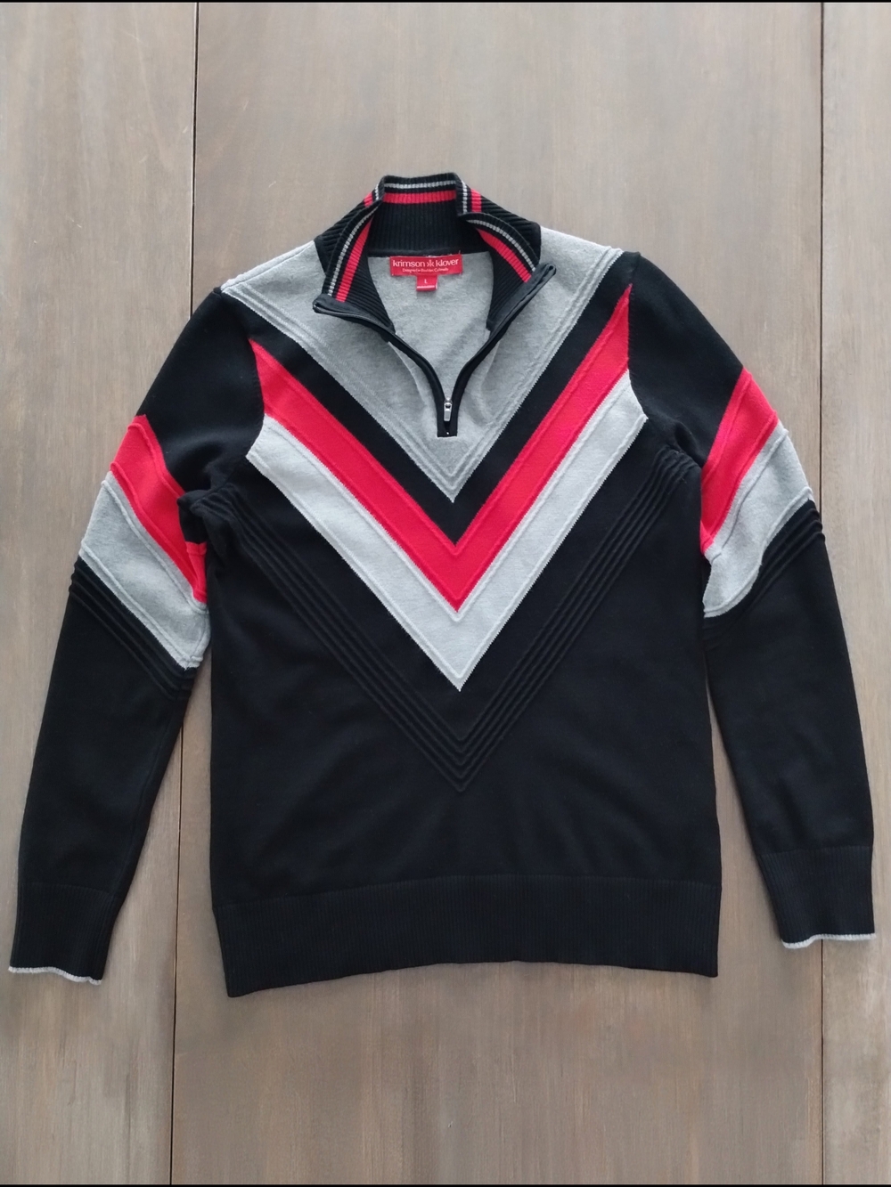 Krimson Klover Poppy Ski Sweater L Black Red Chevron Quarter Zip - Picture 2 of 11
